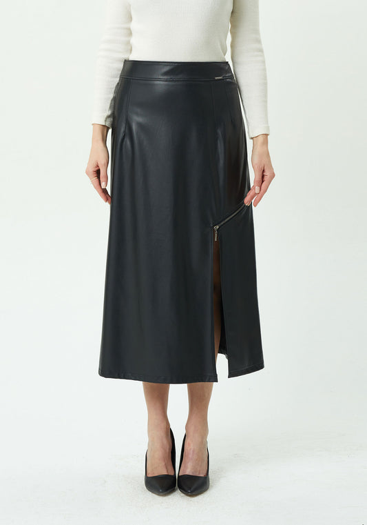 Lederrock schwarz mit langem Schlitz und Reißverschluss - Elegrock