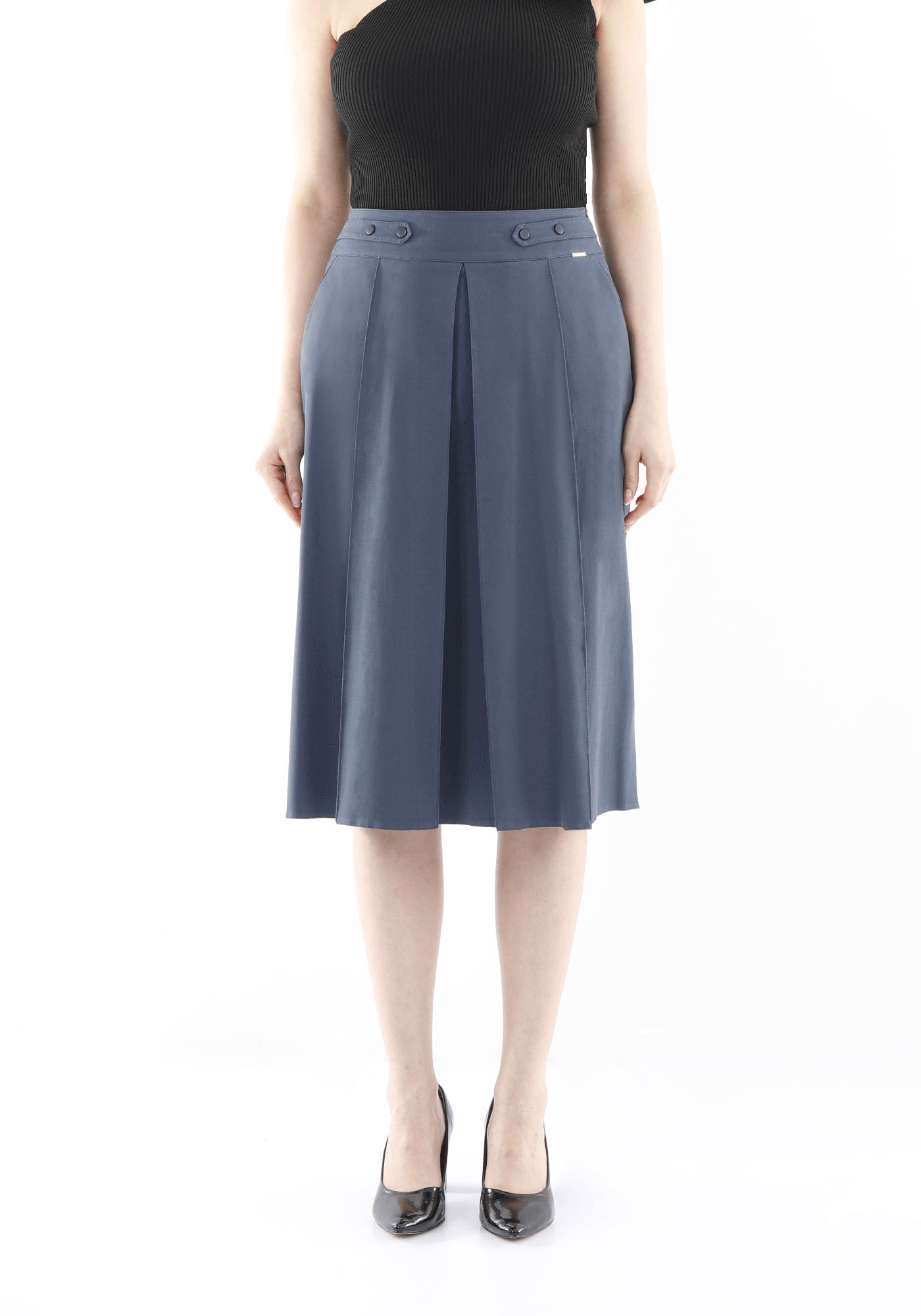 A - Linien - Rock für Damen – Blau, knielang mit Taschen - Elegrock