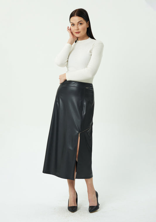 Lederrock schwarz mit langem Schlitz und Reißverschluss - Elegrock