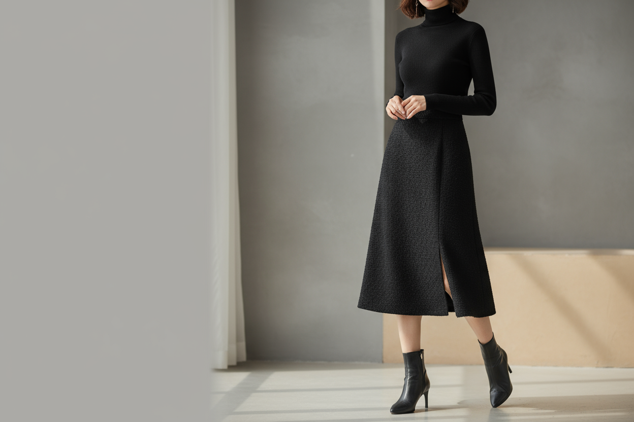 Crée une image ultra-réaliste pour une diapositive Shopify présentant le Winterrock Damen schwarz gewebt de la marque Elegrock.
Produit : jupe knielang (72 cm), schwarz, en gewebtem Material (60 % Polyester, 40 % Baumwolle), avec dezenter Schlitz für Bewegungsfreiheit.
Style : elegant, feminin, modern, winterlich.
Composition : jupe portée sur mannequin féminin, naturel, frontal ou en léger mouvement pour montrer le drapé et le slit.
Couleurs : noir, tons hivernaux neutres, lumière douce.
Arrière-plan : min