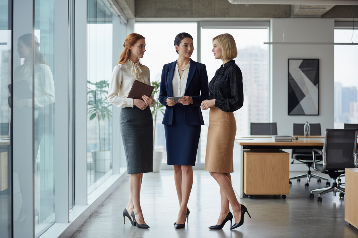 je veux une image tres realiste de femmes portant de belle jupes droites tailleurs de haute couture elegante juskau genoux dans un environnement professionel